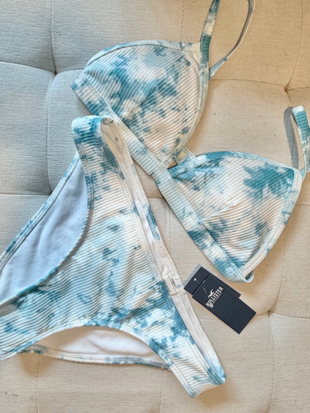 Hollister White and Teal Tie-Dye Ribbed Bikini Set